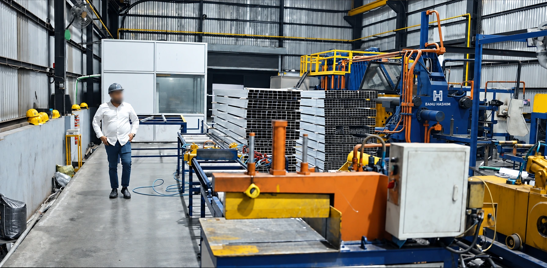 Our aluminium production floor in Surat, with profile stacks and manufacturing equipment