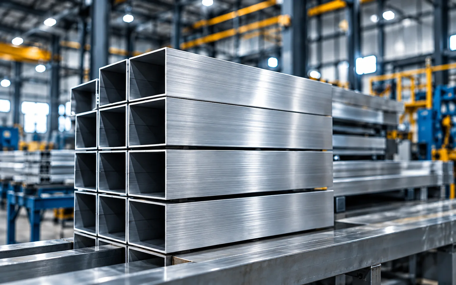 Illustration of stacked aluminium extrusion profiles inside a factory