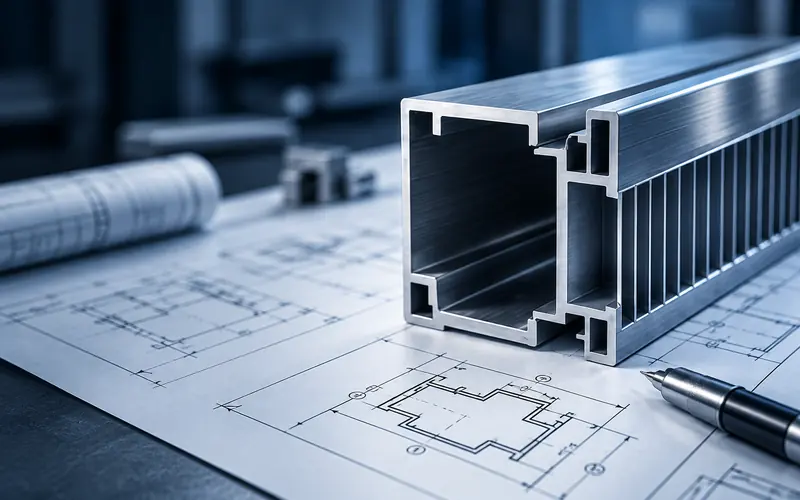 Aluminium extrusion profile on an engineering drawing, concept illustration