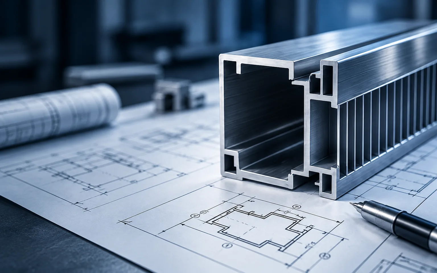 Aluminium extrusion profile on an engineering drawing, concept illustration